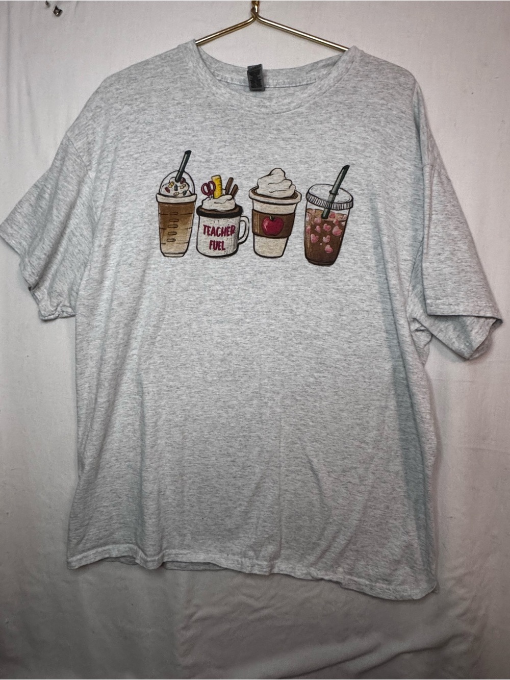 Gildan Light Gray 'Teacher Fuel' Coffee Cups Graphic Tee